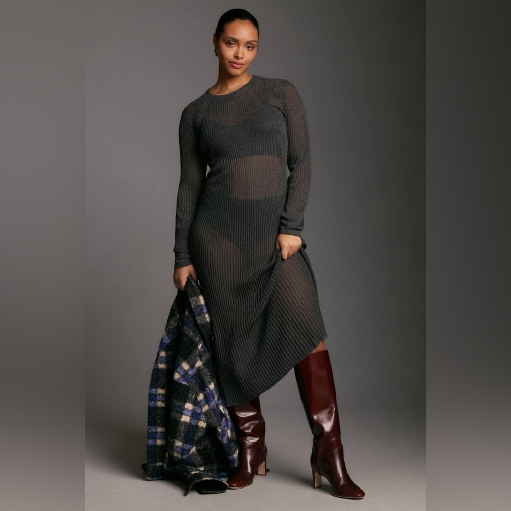 NWT Anthropologie Sheer Long Sleeve Shimmery 90s Y2K Sweater Midi Dress L - Picture 3 of 8